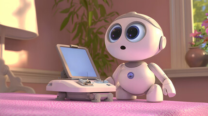 Cute robot interacting with a tablet in a home interior;  sunshine through window.
