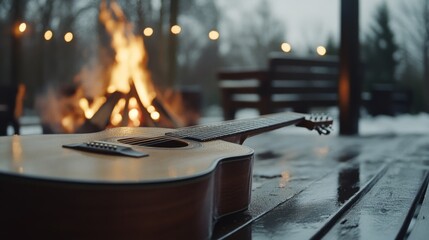 Obraz premium An acoustic guitar rests on a rain-slicked wooden surface near a glowing campfire, creating a rustic, cozy atmosphere in the misty outdoors.
