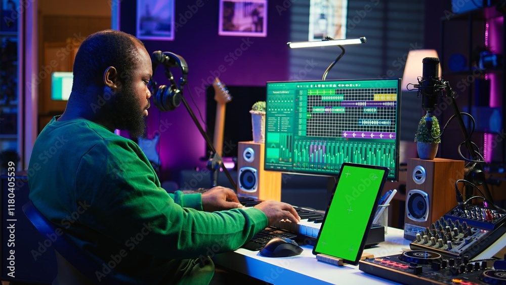 Fototapete young musician mixing and mastering songs next to isolated mockup display, operating on digital audi