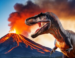 T-Rex roaring with blurred volcano eruption in the distance