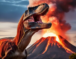 T-Rex roaring with blurred volcano eruption in the distance