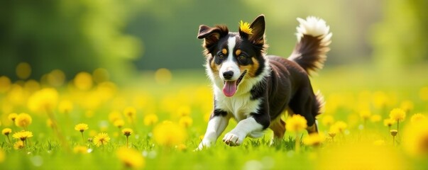 Border Collie chasing and playing with the yellow petals of dandelions in a sunny open field, playful, scenery