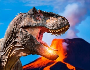 T-Rex roaring with blurred volcano eruption in the distance