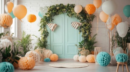 Festive Housewarming with Welcoming Home Decor and Vibrant Balloons  Joyful new beginnings with a cozy homey atmosphere filled with greenery floral elements and cheerful party accents