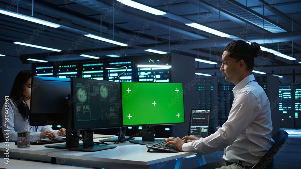 Poster engineer in server hub using green screen pc to stop hacker passing company firewall and stealing se