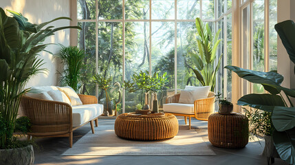 Fototapeta premium Tropical sunroom design with rattan furniture and greenery. Solarchime. Illustration