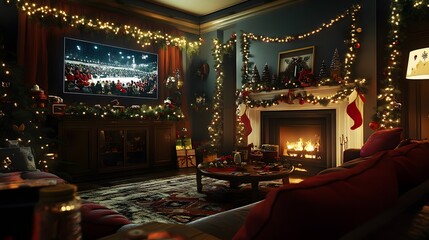 Cozy Christmas Living Room with Festive Decorations and Fireplace
