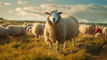 Fototapeta premium Sheep Grazing in Lush Green Pasture Under Bright Blue Sky
