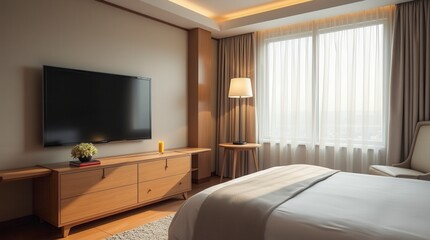 Fototapeta premium Hotel Bedroom Interior With Dresser, Tv Screen And Window. Mock Up Poster