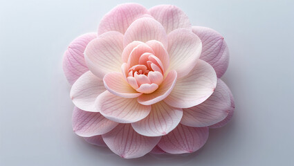 Close-up of a delicate pink camellia flower with soft light.