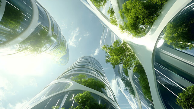Sustainable futuristic cityscape, low angle view of modern buildings with greenery, sunny day.