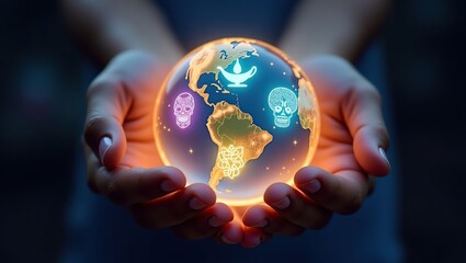 Hands Hold Illuminated Globe Showing Global Symbols