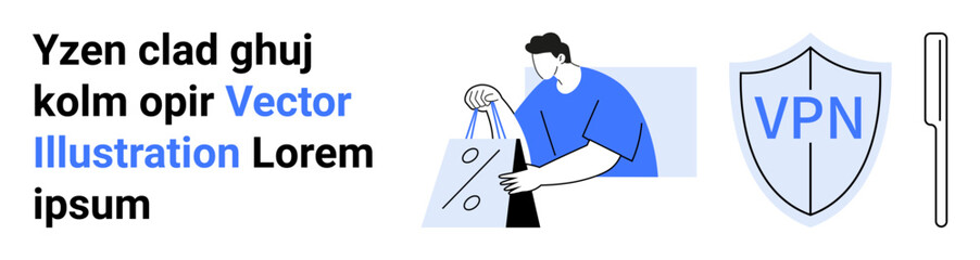 Man carrying shopping bags, a shield icon labeled VPN, and a vertical pen icon. Ideal for e-commerce, security, privacy, data protection, online shopping technology and minimalism concepts. Landing