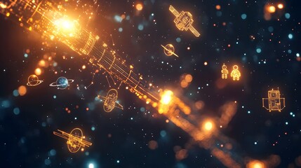 Fototapeta premium Glowing Space Station with Floating Icons of Satellites Spacesuits and Stars in a Cosmic Landscape