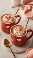 Two red cups of hot chocolate with whipped cream and red sprinkles on top