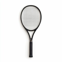 image of a sleek black and metallic tennis racket with strings isolated on a pure white background  Showcasing the equipment and gear used in the popular sports activity of tennis