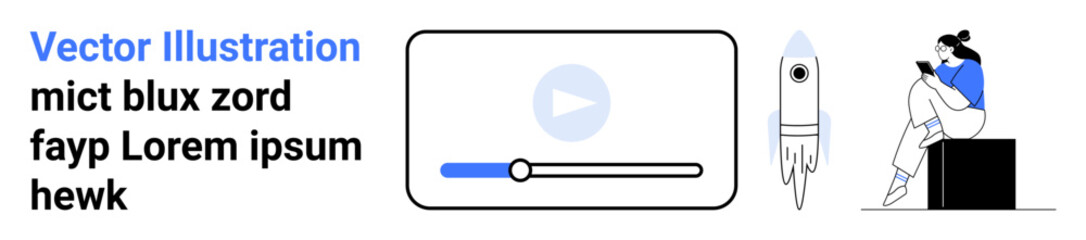 Video player with play button, rocket, and person reading on bench. Ideal for tech blogs, educational videos, space topics, digital content, online learning relaxation lifestyle blogs. Landing page