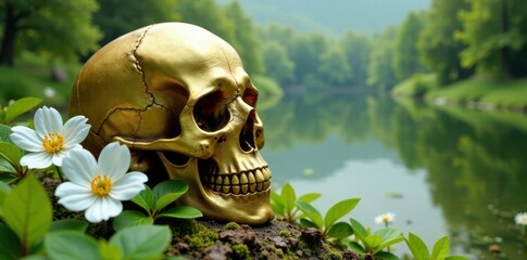 Golden skull with white flowers surrounded by lush greenery and a serene lake in the background, floral, nature, serenity