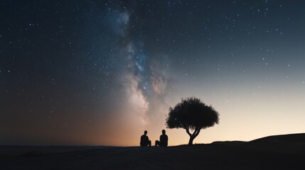 Fototapeta premium Under a vast star-filled sky, two people sit by a solitary tree, embracing the profound stillness of the night.