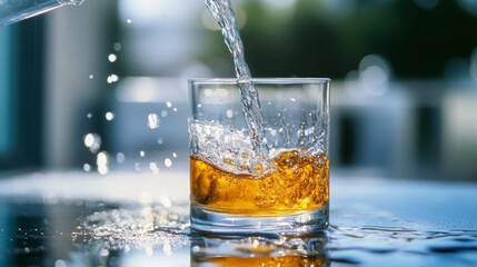 Refreshing water pours into a glass of golden whiskey, capturing the essence of relaxation and indulgence in sparkling detail.