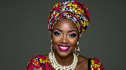 Portrait of smiling beautiful young black african woman wearing vibrant headwrap and jewelry