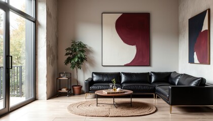 modern art deco interior living room with a large window, a black leather sofa, a coffee table, and a large abstract painting on the wall.
