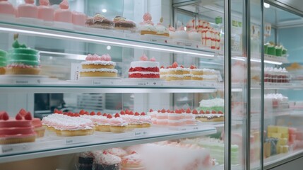 Rows of colorful, frosted cakes and pastries line a gleaming bakery showcase, creating a vibrant display of sweet delights guaranteed to entice dessert lovers.