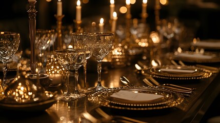 Elegant Candlelit Dinner Table with Golden Decor