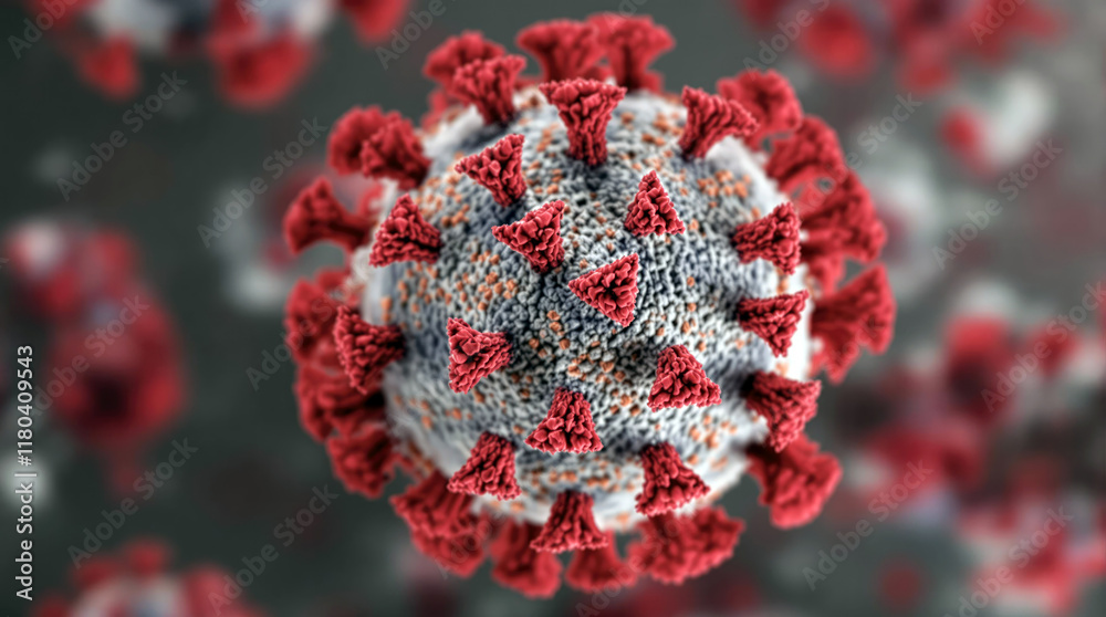 Poster microscopic view of corona covid hmpv virus particle showing surface