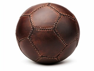 Close up of a football with stitched leather seams and an earthy brown textured finish isolated on a clean white background