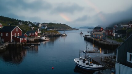 Quaint coastal village with red houses, misty skies, and fishing boats peacefully anchored in serene waters.