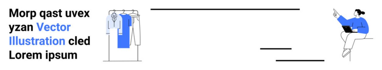 Obraz premium Woman in blue sweater working on laptop and pointing towards clothes rack with various hanging garments. Ideal for fashion, remote work, productivity, multitasking, online shopping, home office