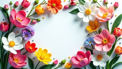 Spring flowers in a circular frame without shadows, garden, botanical, flowers