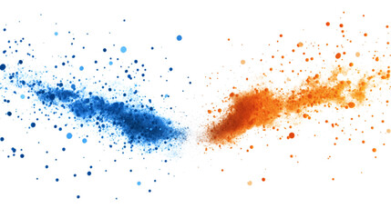 Orange and blue flying particles blending seamlessly isolated on white background