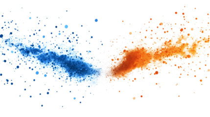 Orange and blue flying particles blending seamlessly isolated on white background