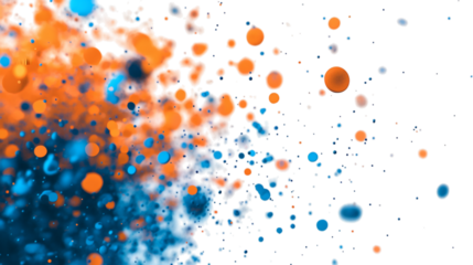Orange and blue flying particles in a dynamic and energetic display isolated on white background