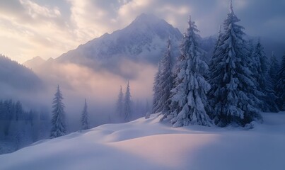 Carpathian Mountains at Dawn with Impressive Snow-Covered Fir Trees and Peaceful Atmosphere