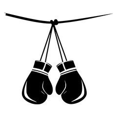 Black Boxing Gloves Hanging on a String Illustration, Sports Equipment Symbol, Boxing Icon Design for Fitness, Gym, Combat Sports, Training, or Logo Creation