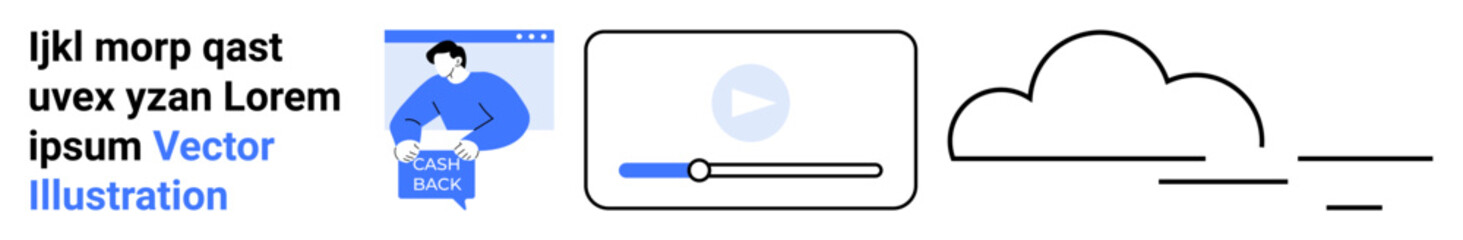 Person holding a laptop, a video player interface, and a cloud symbol. Ideal for online learning, digital storage, cloud computing, tech tutorials, educational resources, video content creation, web