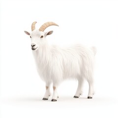 Fototapeta premium A cute white Alpine goat with fluffy fur and prominent horns stands gracefully, symbolizing nature's charm and serenity.
