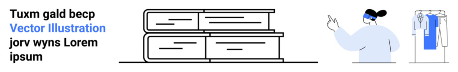 Stack of books and a person pointing towards a clothing rack with mixed styles. Ideal for educational content, fashion industry, e-commerce, retail presentations, reading promotions, editorial