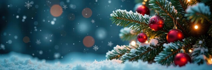 Winter snowflakes falling on a Christmas tree with colorful decorations, christmas, winter wonderland