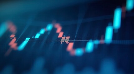 Macro Close-Up Of A Stock Market Investment Trading Chart Displayed In Blue, Analyzing Data With Candlestick Graphs