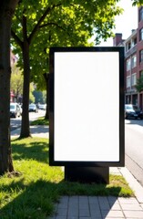 Urban street scene with blank digital billboard on a sunny day