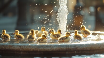 Fluffy ducklings bask in the golden light as they playfully wade around a fountain, droplets sparkling like tiny jewels.