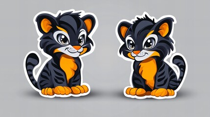 Obraz premium Adorable cartoon tiger cubs, sitting and smiling. Perfect for kids' products!