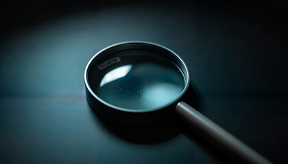Magnifying glass resting on dark surface with soft lighting