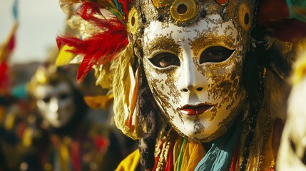 Vibrant, ornate masks adorned with feathers and gold details, capturing the mystique and allure of a traditional masquerade.