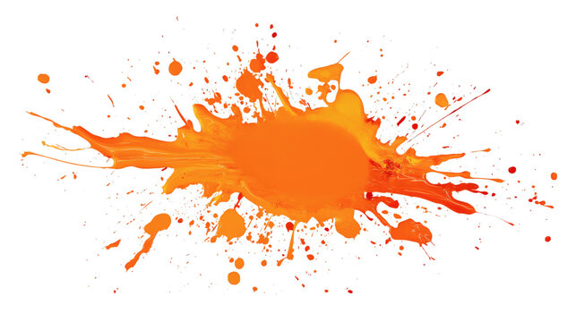 Orange ink splash on a black canvas creating a striking visual contrast isolated on white background