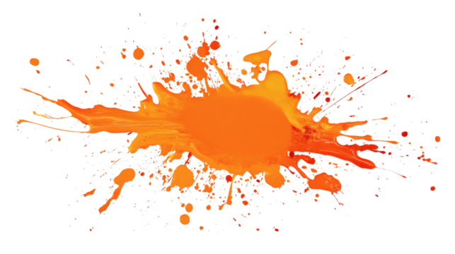 Orange ink splash on a black canvas creating a striking visual contrast isolated on white background